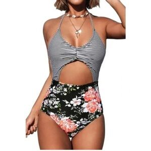 Cupshe Black and White Striped Floral One Piece Swimsuit